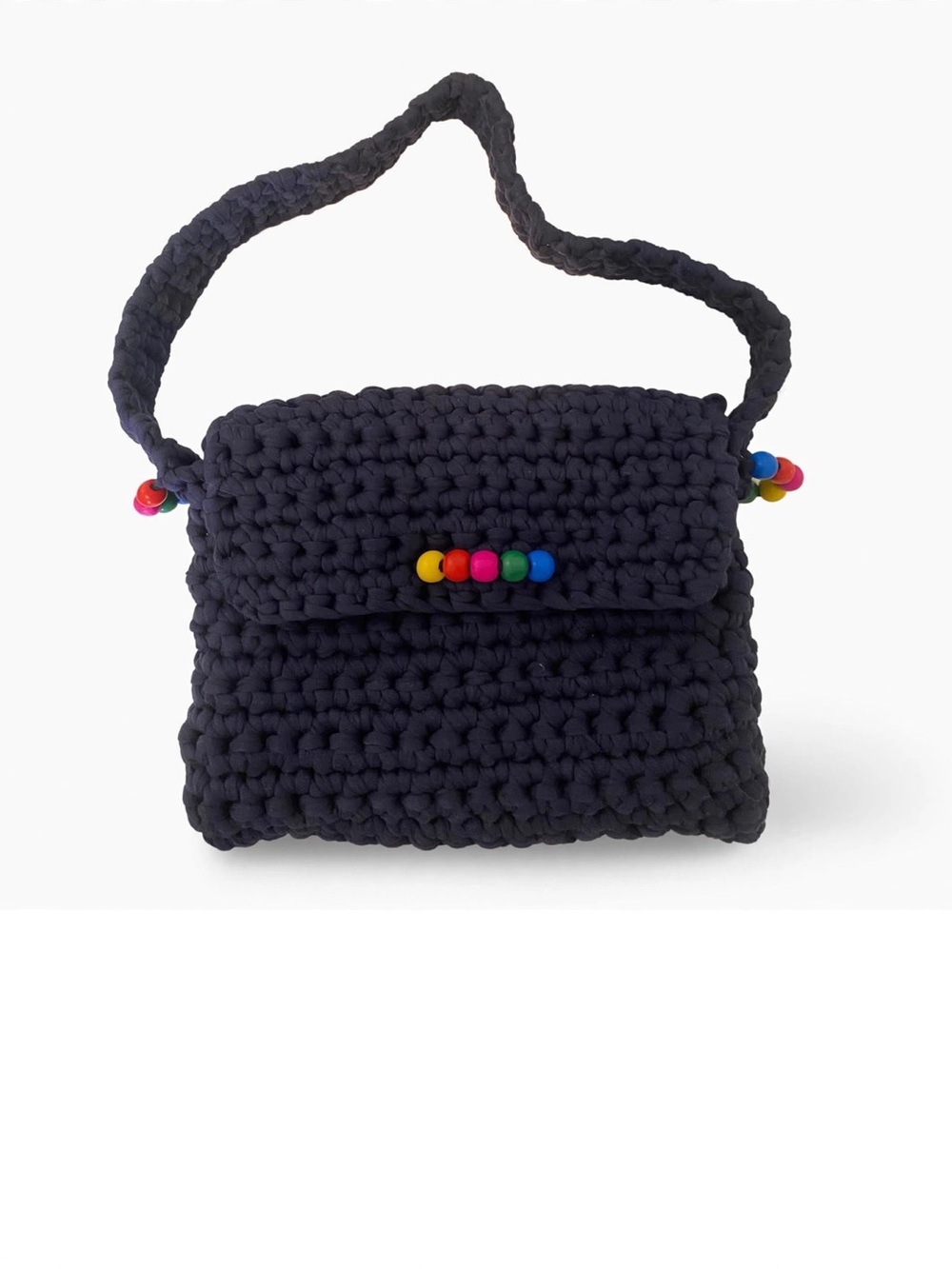 Handmade Black Crochet Crossbody Bag with Colorful Bead Detail